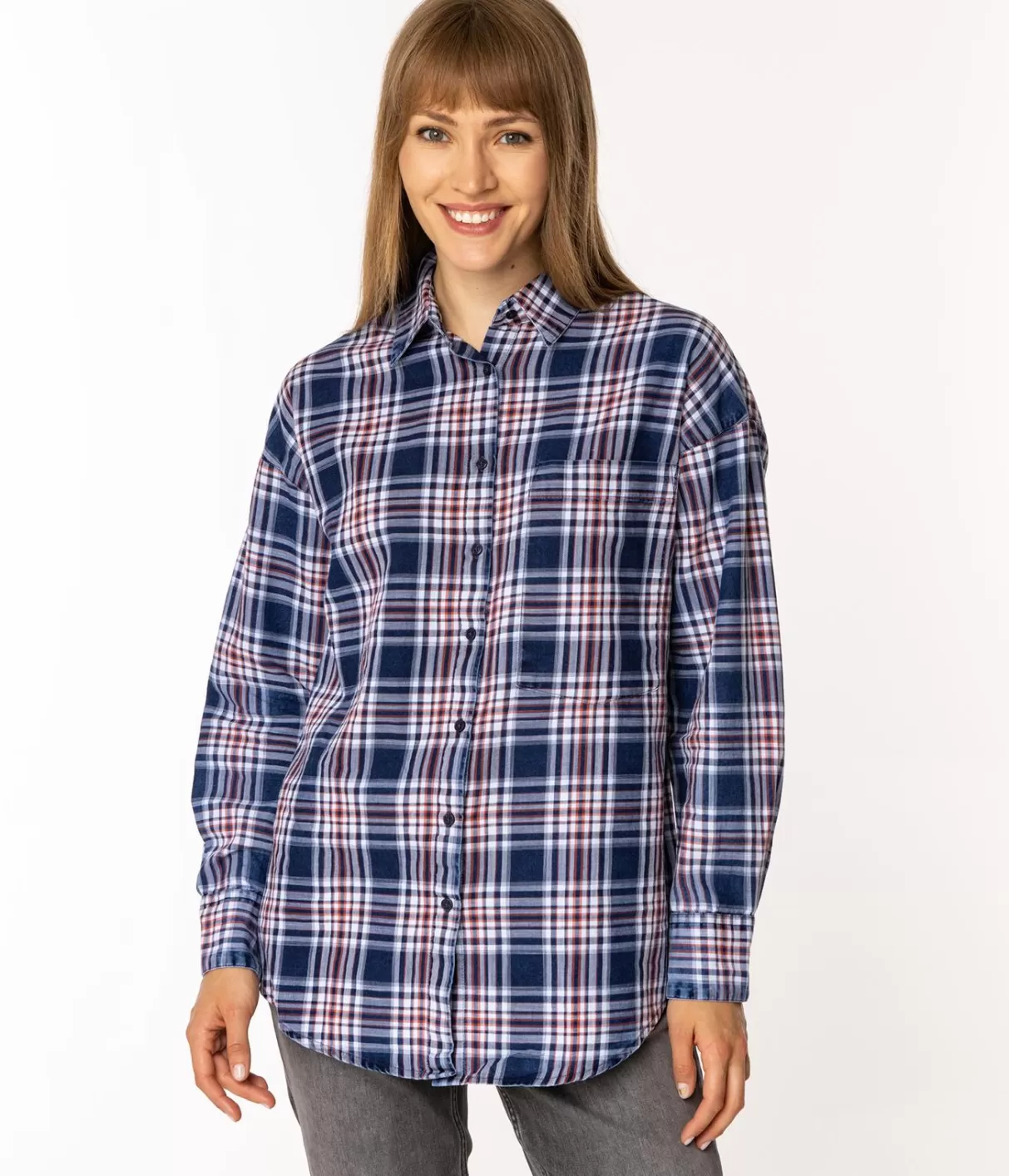 Koszula damska oversize w kratę ZOE 6198 BLUE INDIGO-Lee Cooper Best Sale