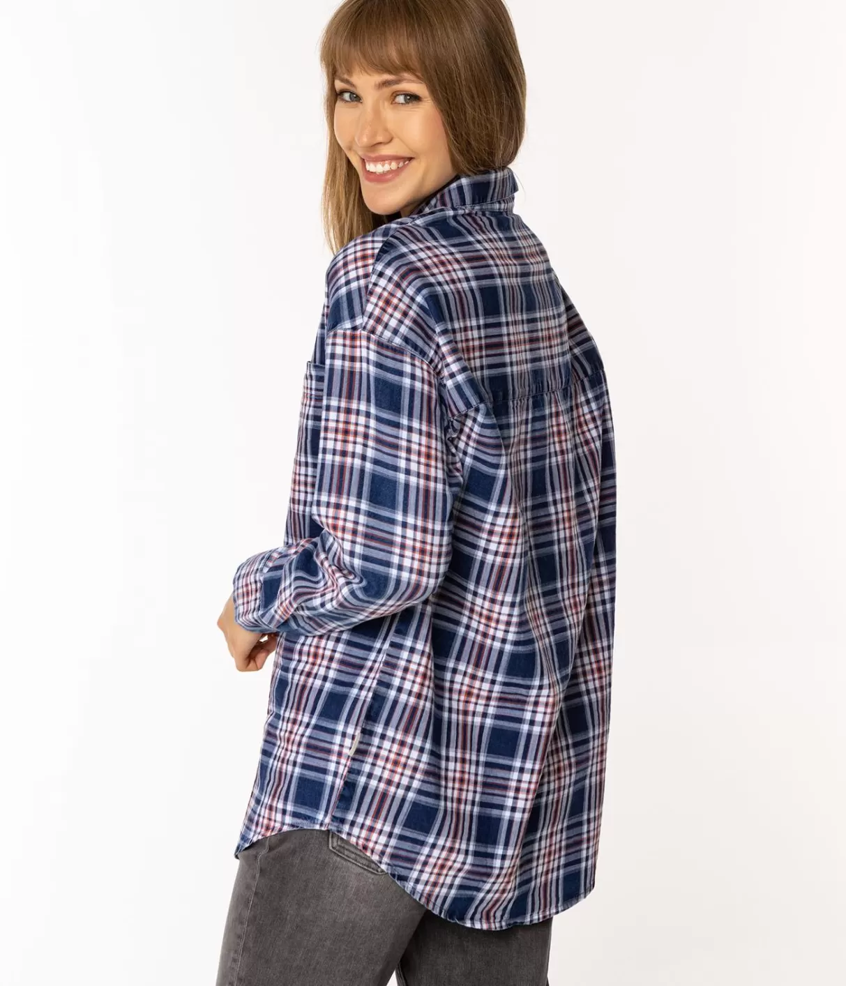 Koszula damska oversize w kratę ZOE 6198 BLUE INDIGO-Lee Cooper Best Sale