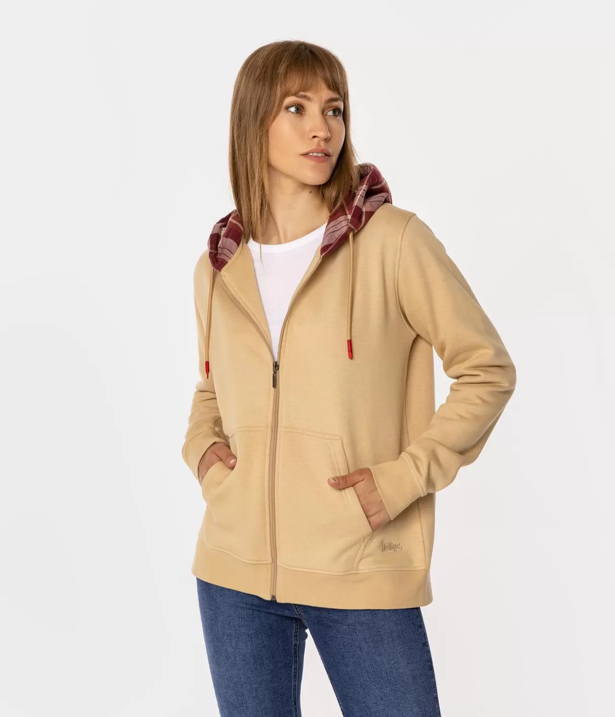 Rozpinana bluza damska z kapturem w kratę SAMIRA 4561 WARM SAND-Lee Cooper Store