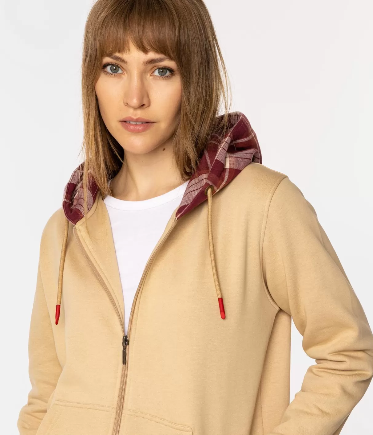 Rozpinana bluza damska z kapturem w kratę SAMIRA 4561 WARM SAND-Lee Cooper Store