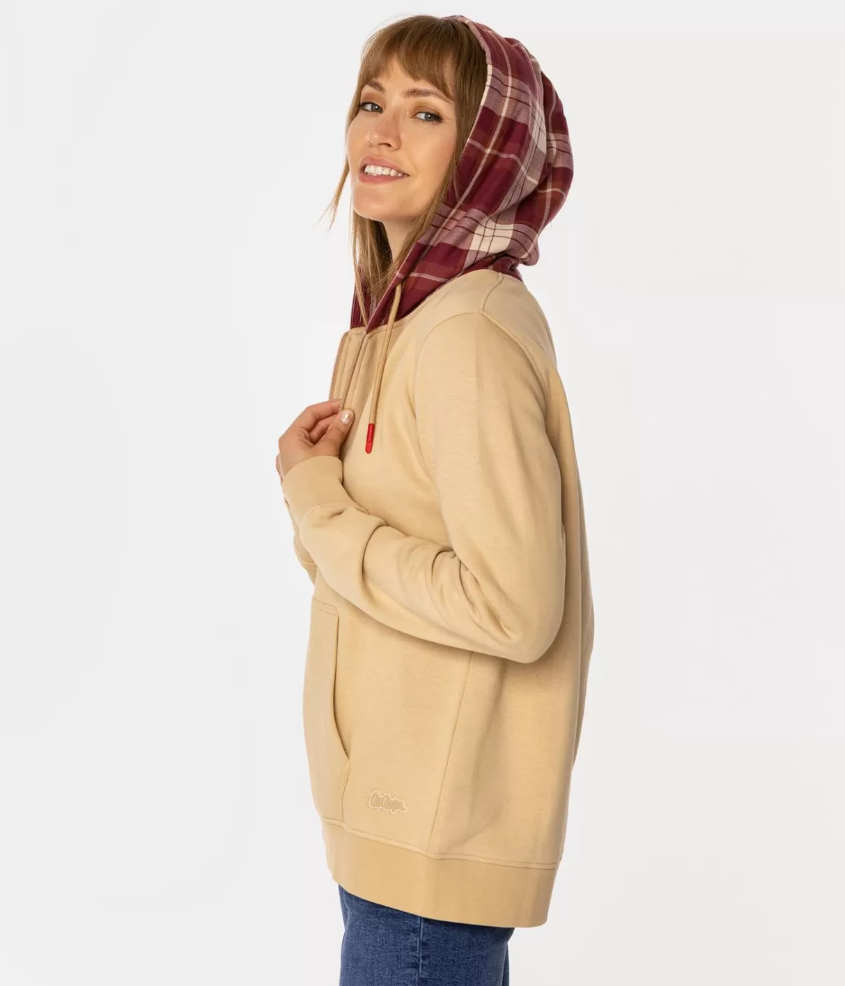 Rozpinana bluza damska z kapturem w kratę SAMIRA 4561 WARM SAND-Lee Cooper Store