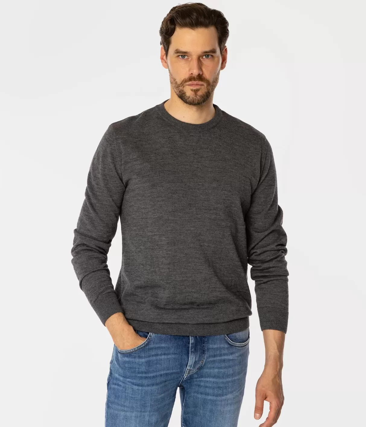 Sweter męski regular z wełną merino LOKI MERA GREY MELANGE-Lee Cooper Clearance